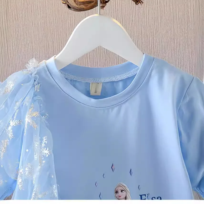 Casual Girl Dress Disney Frozen Elsa Princess Pullover T-shirt Dresses Summer Child Girl Ruffles Vestidos Printed Cartoon Dress