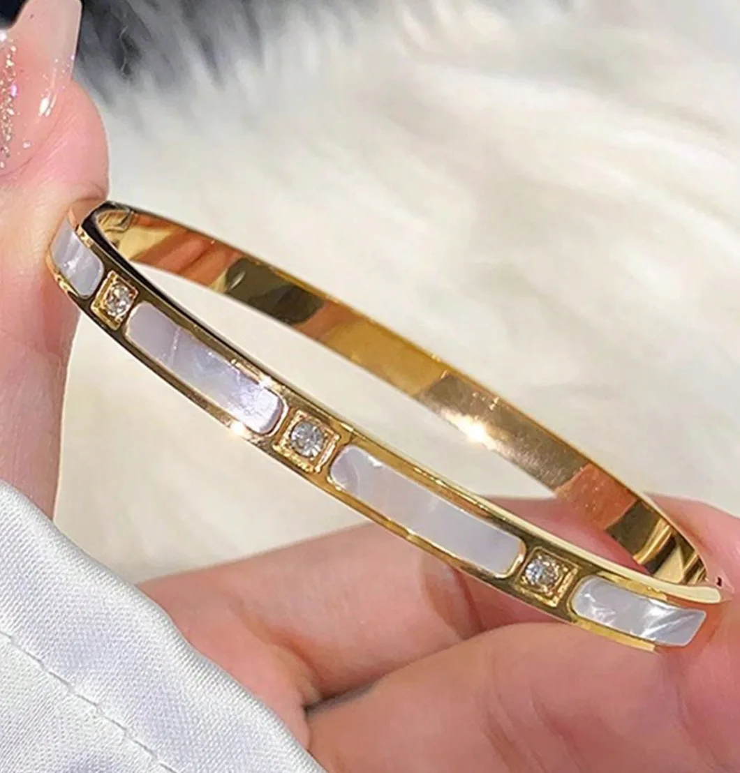Stainless Steel Gold Plated Bangle for Women Mother of Pearl Inlay Bracelet with Cubic Zirconia Elegant Fashion Jewelry Gifts