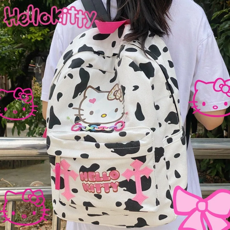 

Sanrio Hello Kitty Student Schoolbag Cute Anime Cow Leopard Print Large Capacity Retro Bag Girls Christmas Gift Kawaii Backpack