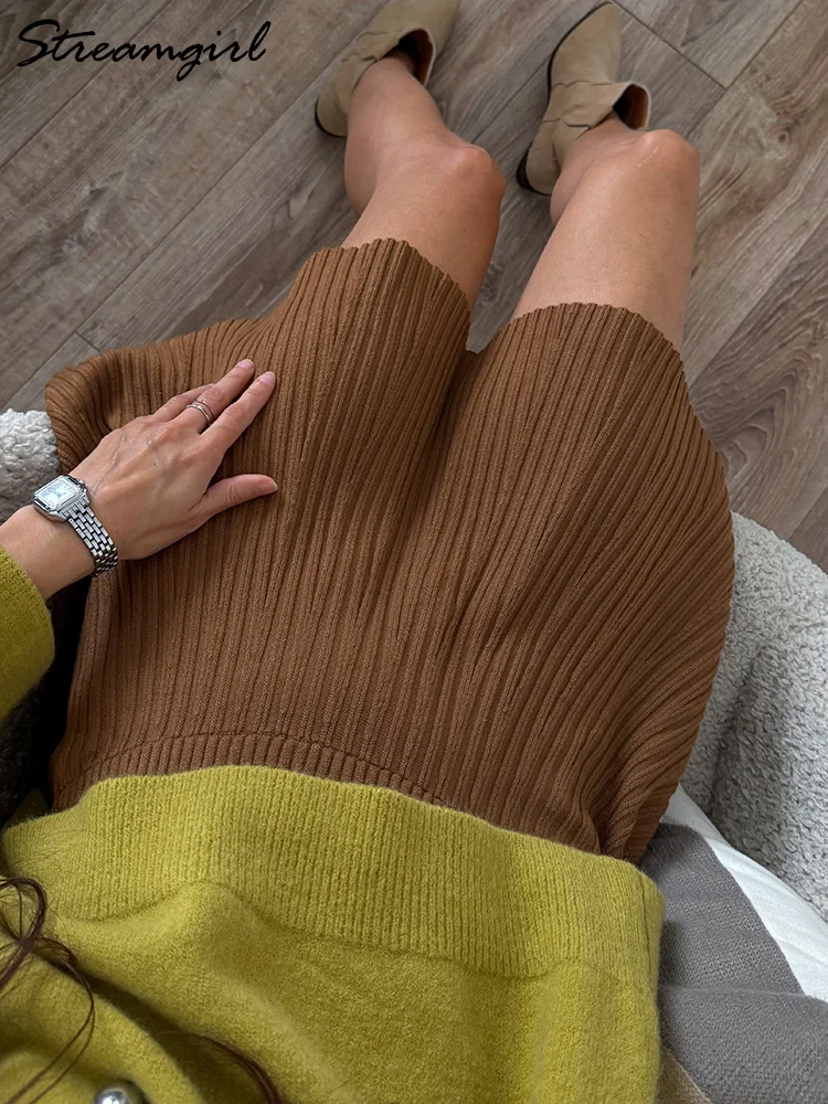 المرأة قطعتين مجموعة تنورة صغيرة وسترة مطابقة مجموعات الخريف الشتاء البلوزات البني الشوكولاته متماسكة تنورة مجموعات النساء 2 قطعة #3