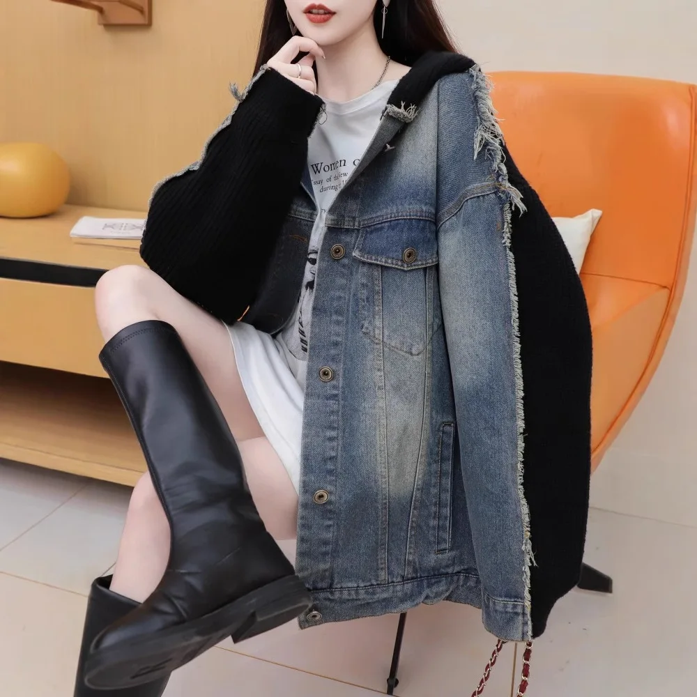 

Cardigan Women Sweaters Coats Denim Splice Hooded Jackets Full Sleeve Jumpers Y2k Streetwear Elegant Knit Autumn Winter 2025