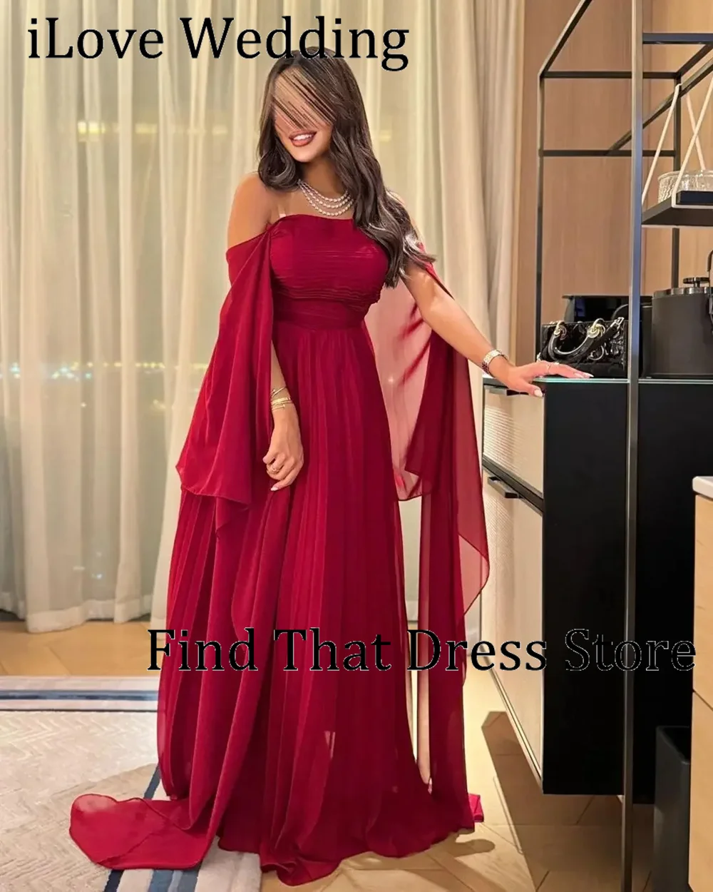 Sukienka wieczorowa szyta na miarę, prosta, czerwona, z dekoltem w łódkę, szyfonowa, plisowana, długa do podłogi, o kroju litery A, z odkrytymi plecami, w stylu saudyjskim, na studniówkę, z peleryną.