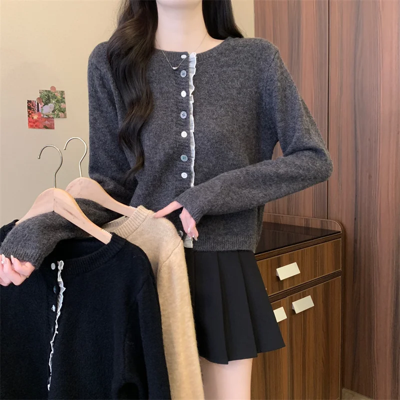 

Вязаный свитер Dalong Jaet No Pilling, открытый кардиган, элитный женский осенне-зимний длинный свек, круглый, обычный, тонкий