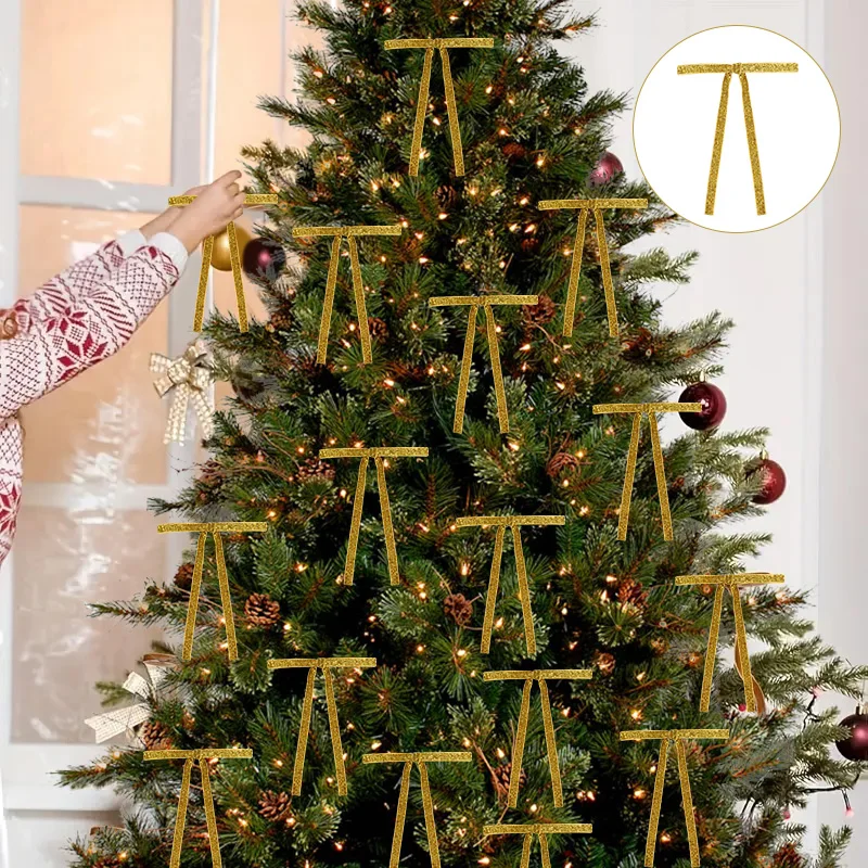 12 Stück Samt Weihnachtsbaum Schleifen Rot Gold Glitzer Weihnachtsbaum Hängeband DIY Handwerk Neujahr Geschenkverpackung Dekoration