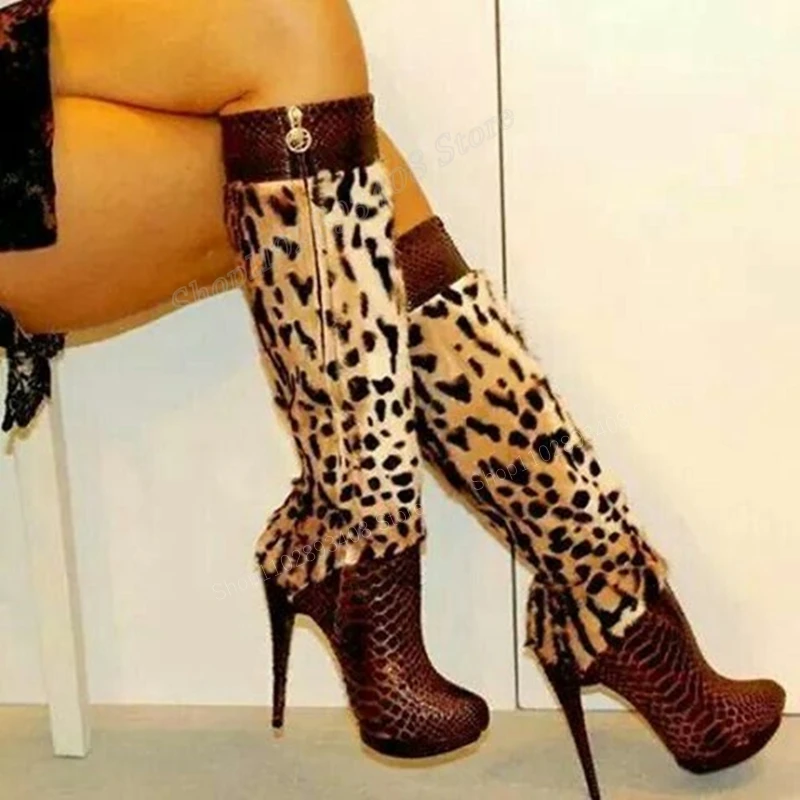 

Brown Leopard Knee High Boots Snakeprint Pointy Nose Zipper Stiletto High Heel Women Shoes 2023 Fashion Sexy Zapatos Para Mujere