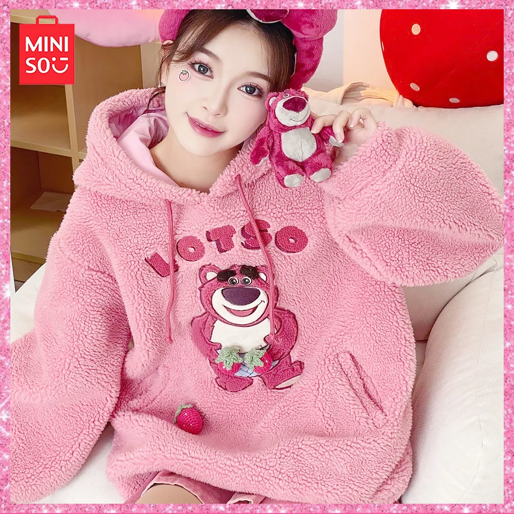 New Miniso Lotso Cartoon Embroidered Fleece Hooded Loose Top Long Sleeve Plus Size Hoodie Coat Girls Birthda Gift