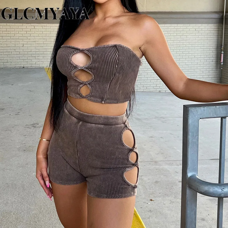 

GLCMYAYA Women Strapless Hollow Out Sleeveless Crop Tops 2023 Fashion High Waist Slim Solid Short Sets Sporty 2 Piece Set