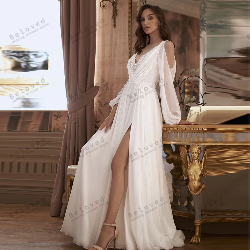 

Graceful Wedding Dresses Chiffon Bridal Gowns Long Puff Sleeves Sexy A-Line Robes For Formal Party V-Neck Vestidos De Novia 2024