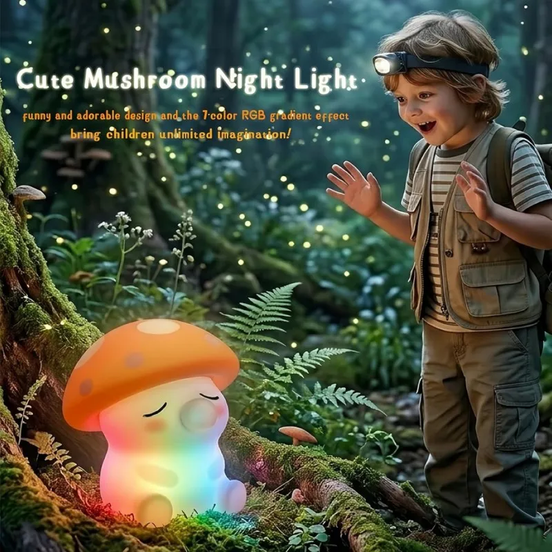 FAST-Mushroom Bedside Lamp Touch Sensor Dimmable 7 Color Changing Night Light Silicone For Kids Gift
