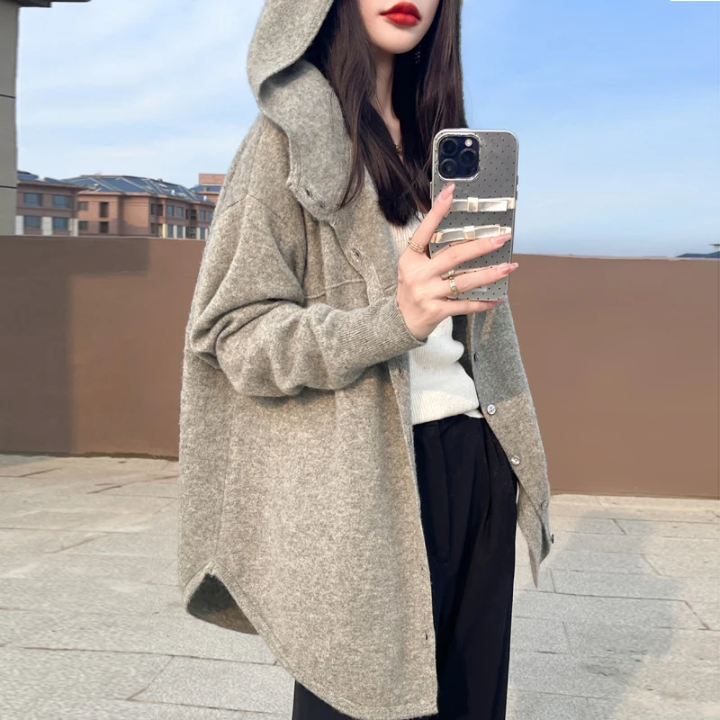 

Hooded Cardigan High Quality Wool Sweater for Women Solid Casual Long Sleeve Single Breasted Knitted Coat 2024Autumn Winter New