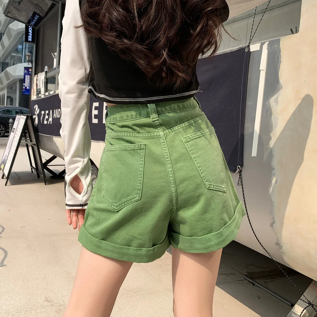 FINEWORDS Vintage Summer Casual Korean Wide Leg Shorts Jeans Streetwear High Waist Denim Shorts Cuff Candy Color Beach Shorts