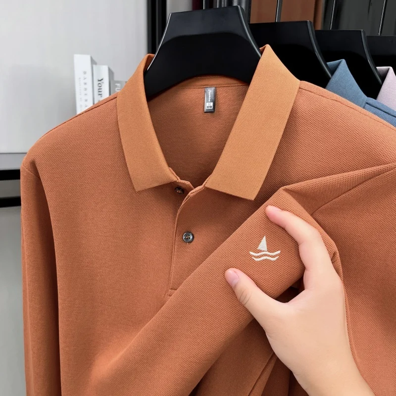 100% pure cotton light luxury brand men's long sleeved polo shirt spring autumn fashion sailboat embroidery top boutique T-shirt