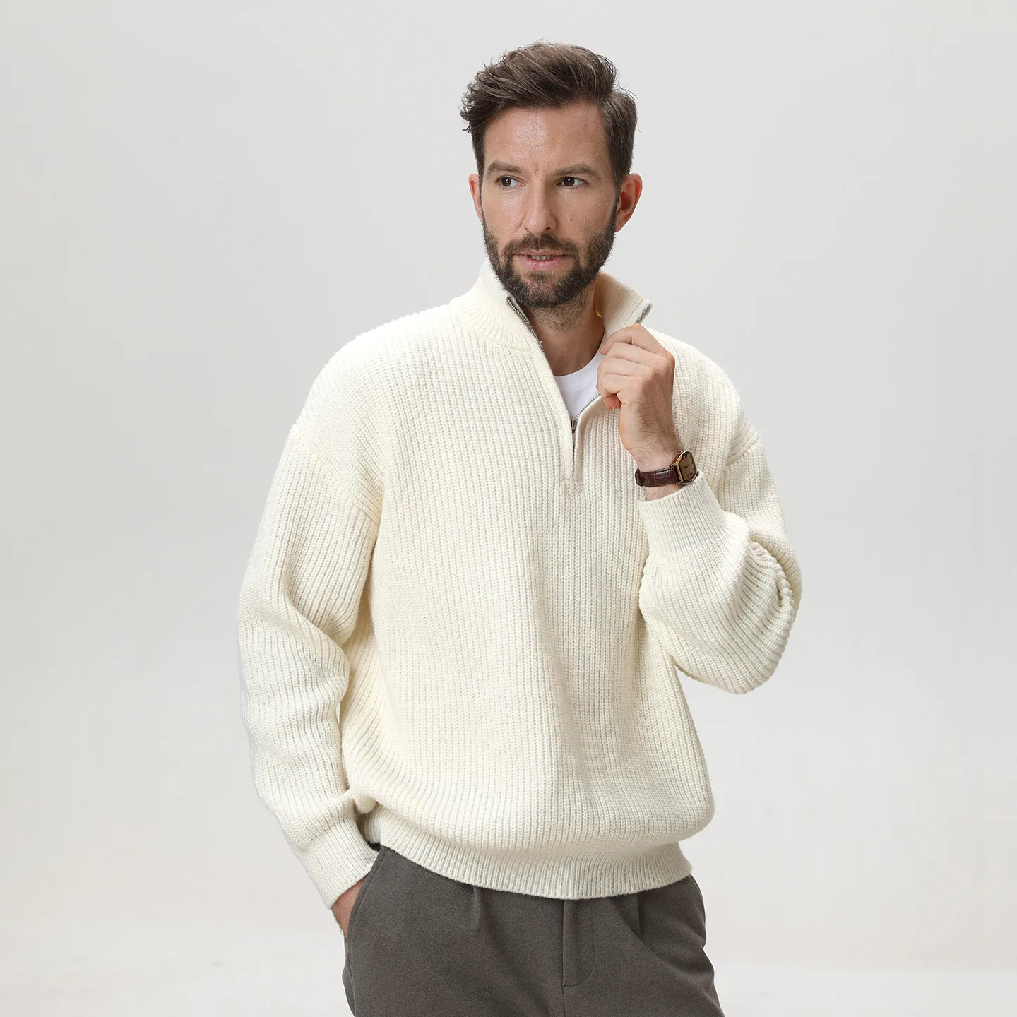 

Мужской свитер в рубчик с половиной молнии, однотонный мужской пуловер с воротником-стойкой, трикотаж большого размера с напуском на осень-зиму