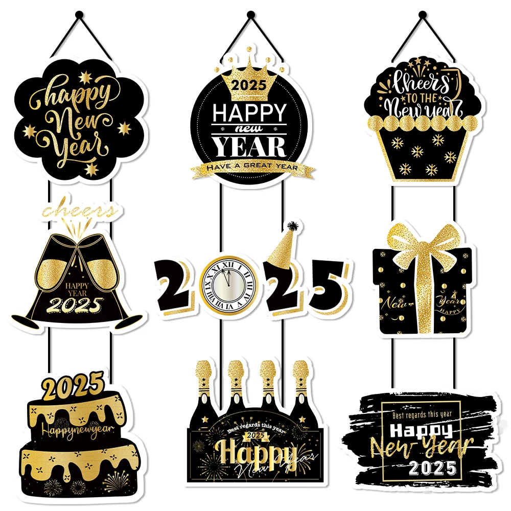 Happy New Year Door Banner Set Gold Black New Year 2025 Porch Sign Hanging Paper Banner for New Year's Eve Party Decorations