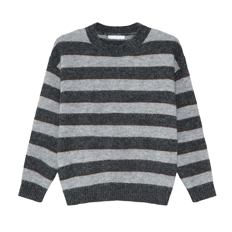 Koreanischen Stil Nische Design männer Runde Kragen Gestrickte Pullover Vertrag Farbe Gestreiften Lose Männliche Pullover 2024 Winter