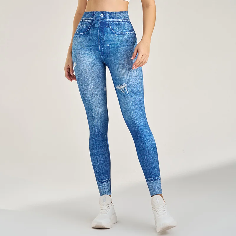 Women Faux Jeans Leggings Gym Fitness Workout Trousers Yoga Pants Scrunch Sports Training Outdoor Tights High Waist Sportswear