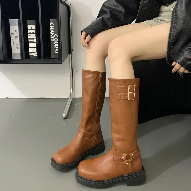 Retro Style Women Knee High Boots Fashion Belt Buckle Knight Long Boots Platform Heels Autumn Winter Ladies Shoes