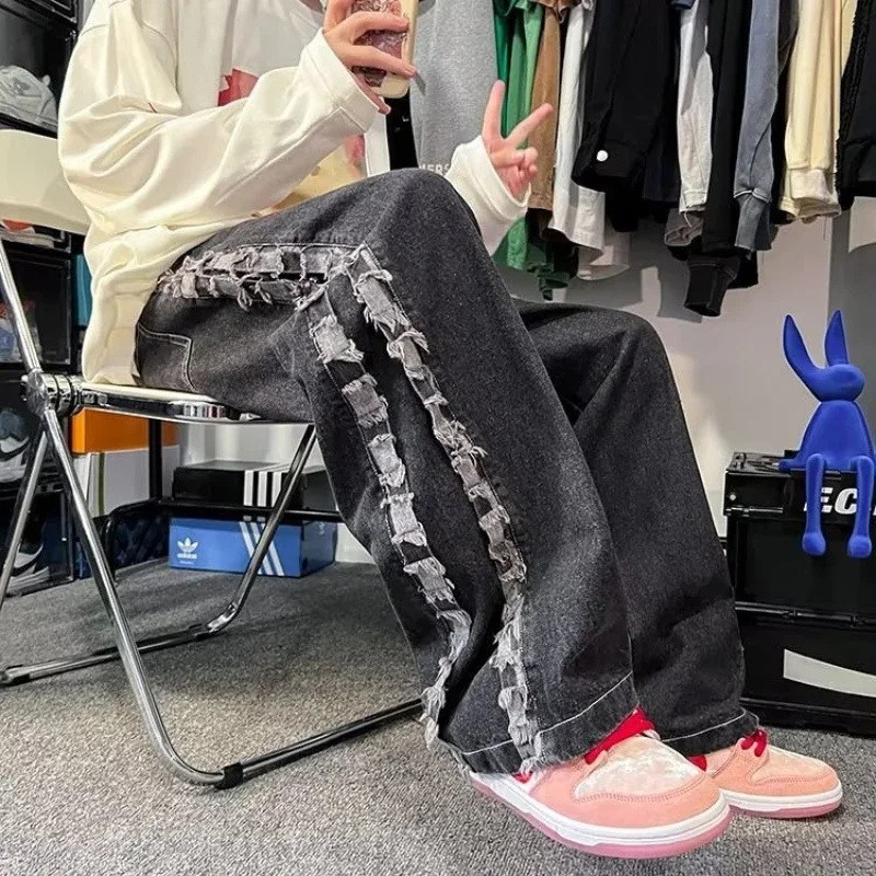 

Джинсы мужские Harajuku модные длинные универсальные шикарные уличные джинсовые брюки японский стиль простые осенние винтажные стираные