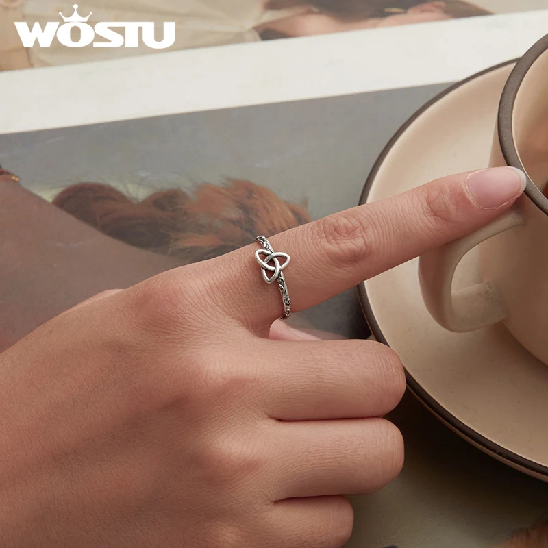 WOSTU 925 en argent Sterling Vintage noeud celtique anneau ouvert pour les femmes bonne chance noeud de sorcière anneaux réglables amulette bijoux cadeau d'amour