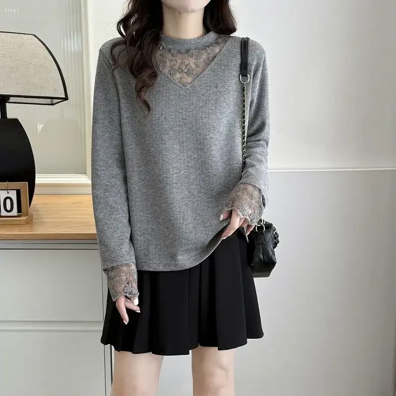 Elegant Women's Knit Top With Floral Lace Detailing V Neck Long Sleeve Sweet Style Office Wear