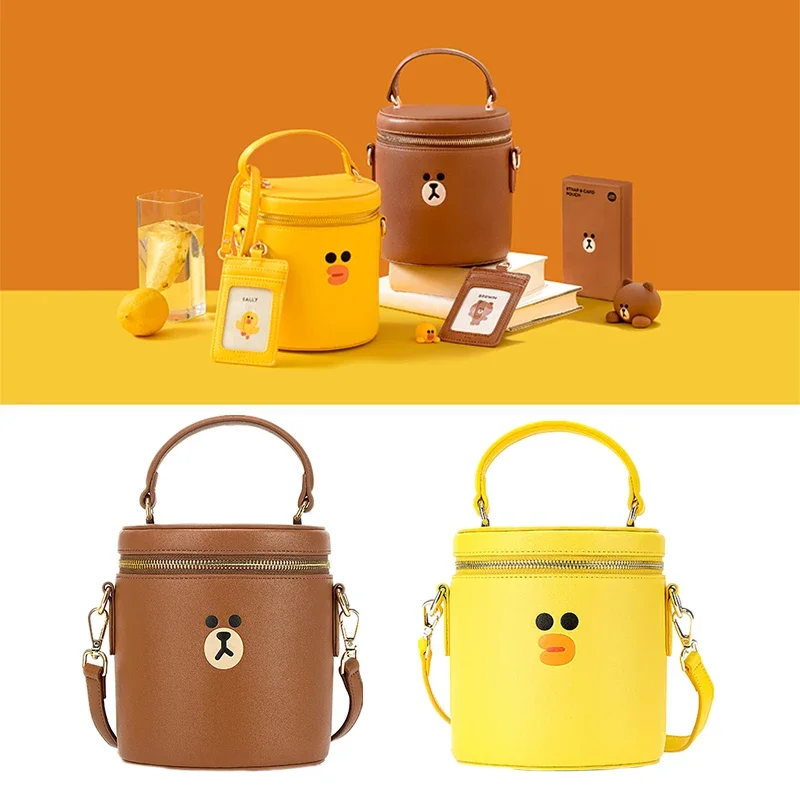 

LINE FRIENDS Original Fashion Brown Bear Sally Cartoon Leather Bucket Shoulder Messenger Bag Large-Capacity Pu Handbag Girl Gift