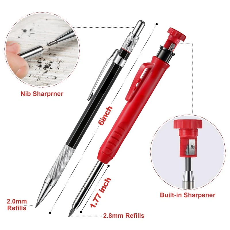 A16R-Mechanical Carpenter Pencils Set With Marker Refills And Carbide Scriber Tool, Solid Deep Hole Woodworking Pencils