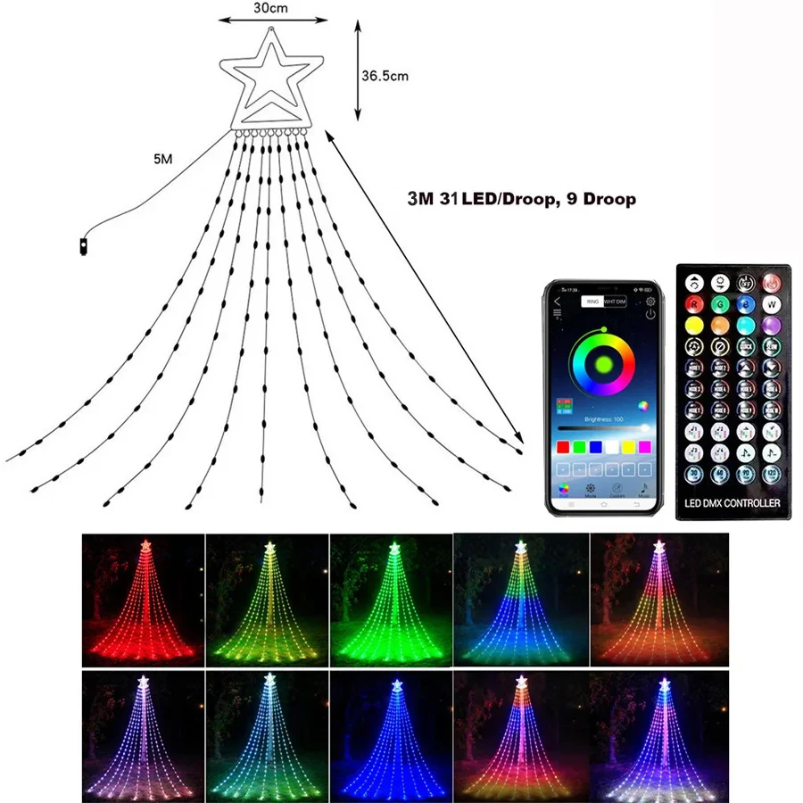 Imagem -06 - Rgb Waterfall Christmas String Light Estrela Suspensa Fairy Icicle Lights para Festa Casamento Pátio Decoração ao ar Livre 300 Led Star 9x3m