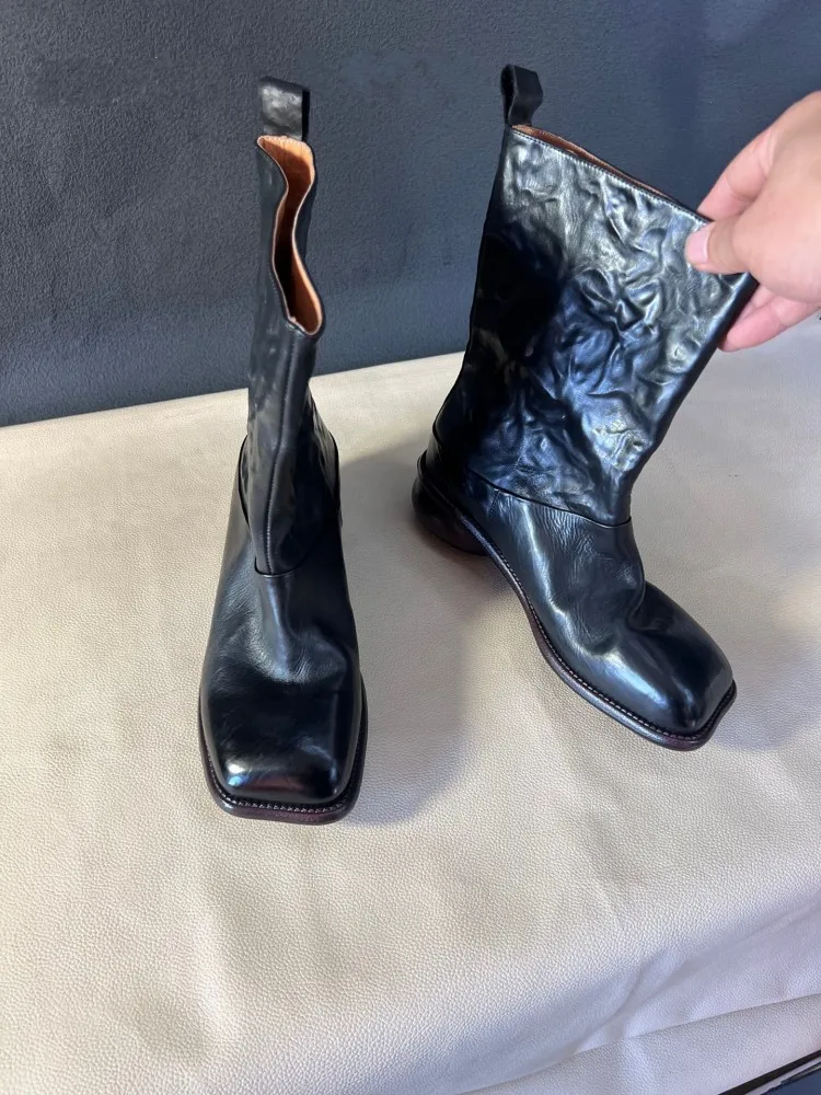 Vintage Style Women Cowhide Genuine Leather Boots Slip On Solid Color Square Toe Chelsea Short Boots Lady Casual Handmade Shoes