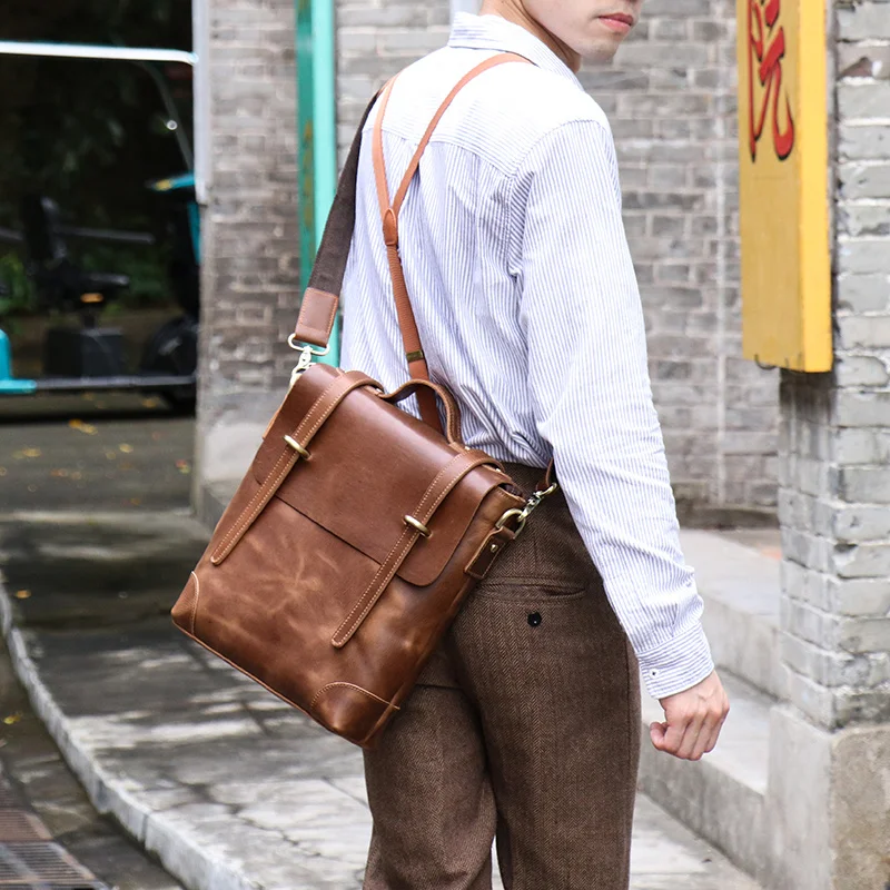 Tas Cambridge Gaya Inggris Retro Tas Messenger Kulit Sapi Crazy Horse Desain Fashion Tas Tangan Kulit Tas Tablet 12 Inci