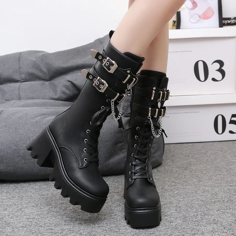 Autumn Women Punk Style Platform Mid-calf Boots Thick Sole Leather Motorcycle Boots 9CM Chunky Metal Buckle Short Boots Woman