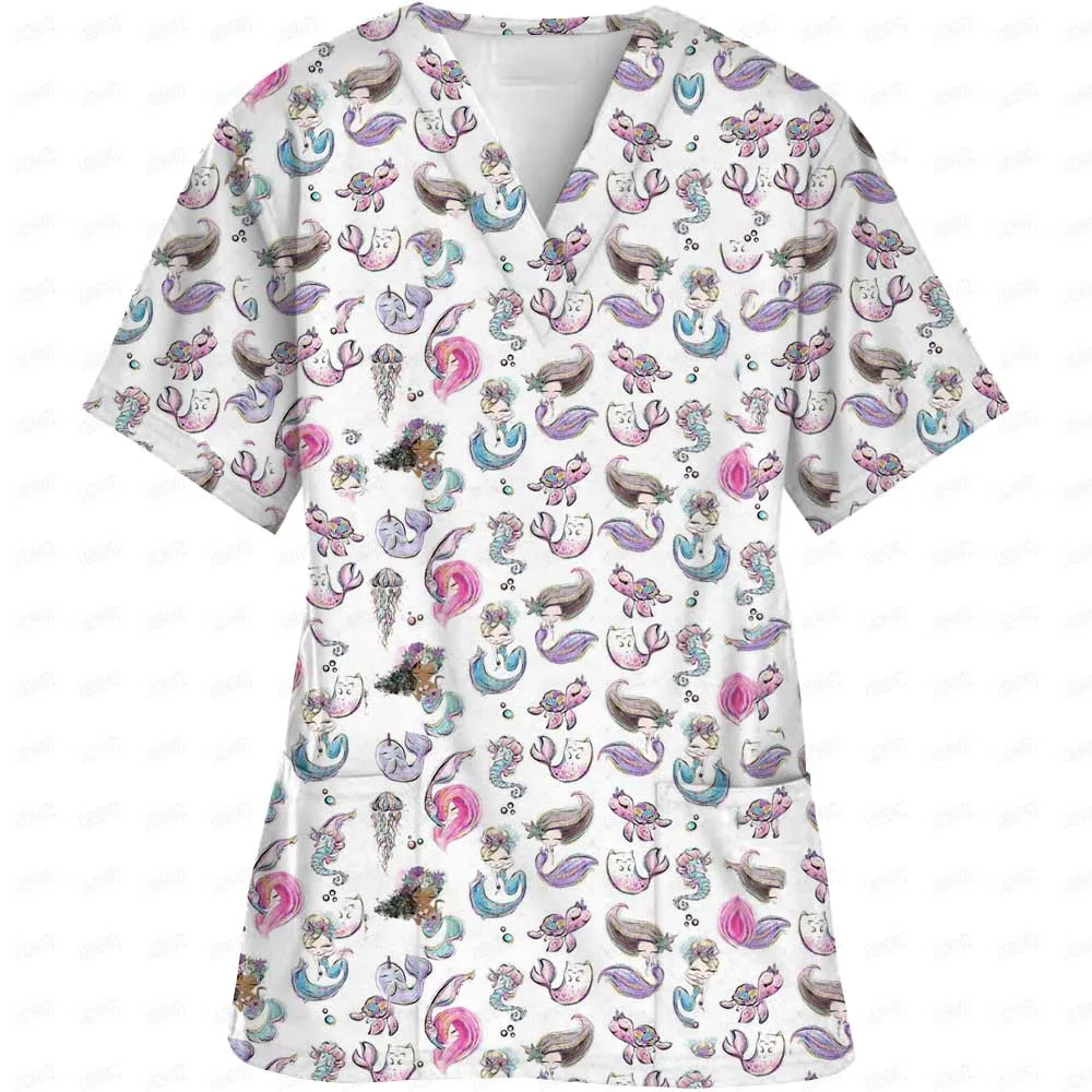 Womens Short Sleeve V Neck Disney Princess Print Top Nursed Working Blouse With Pockets Mock Hospital Nursing Uniform Accessory