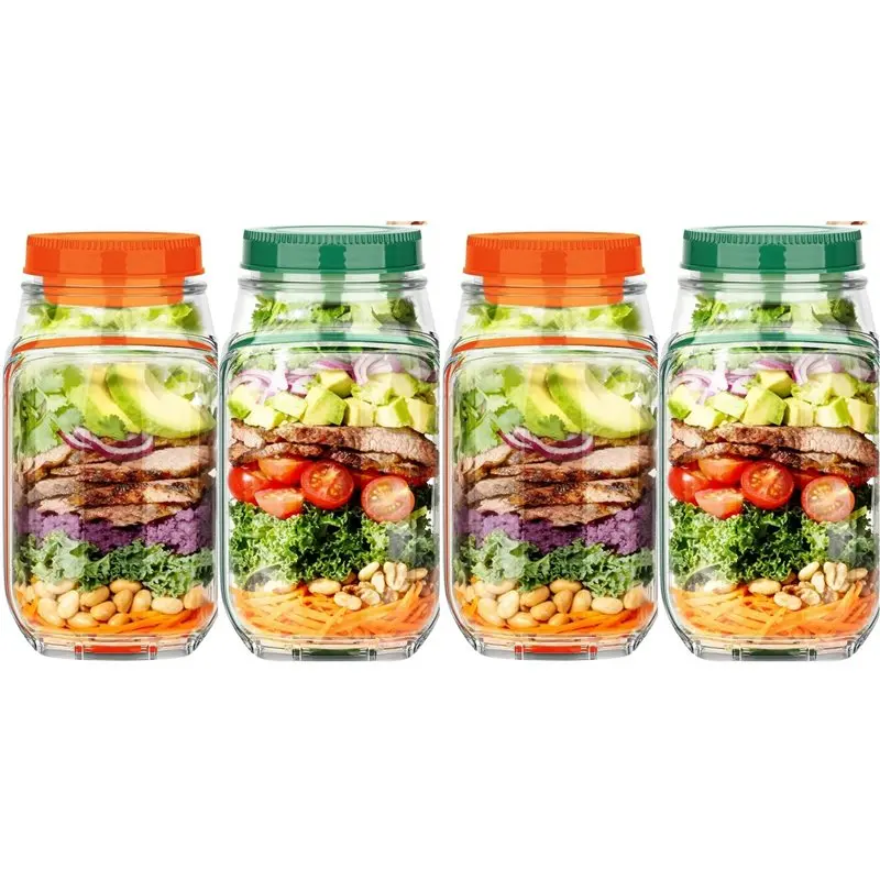 B84B-4PCS Recipientes para ensalada con apertura lateral, recipientes para ensalada a prueba de fugas con contenedor para aderezo para ensalada para el almuerzo - Naranja+Verde
