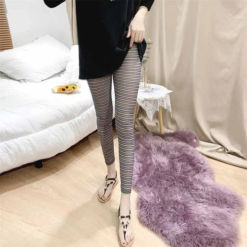 Summer New Fashion Sexy Elastic High Waisted Ankle Length Pants Women's Printed Striped Gauze Slim Straight All-match Leggings