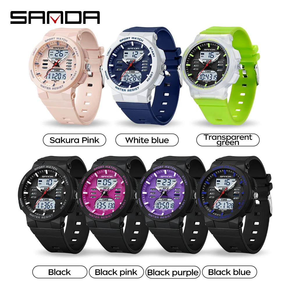 SANDA Fashion LED Luminous Digital Sport Ladies Watch Quartz Dual Display Military Waterproof Luxury Watch Ladies Casual Watches