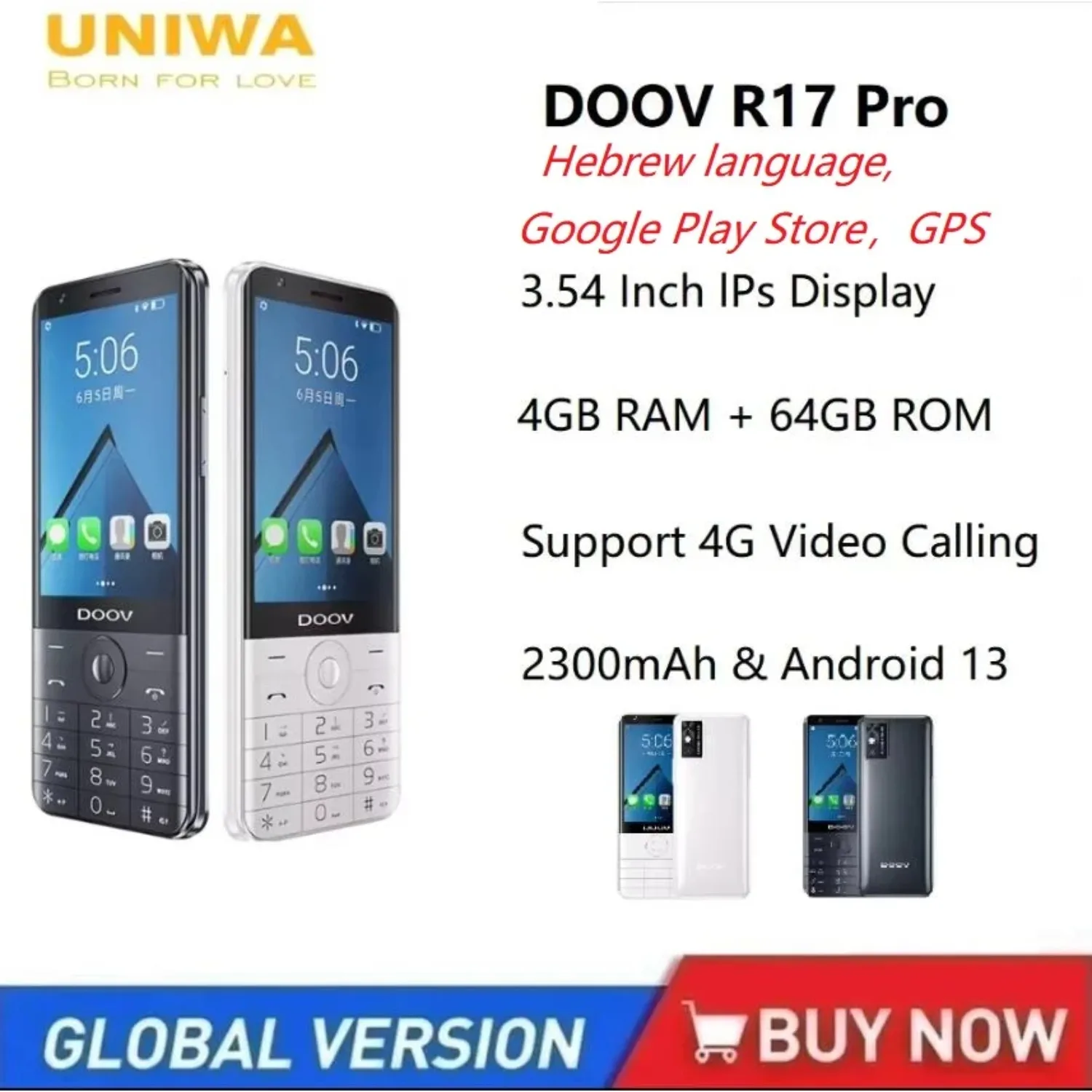 UNIWA DOOV R17 Pro 4G Mobile Phone Smart Touch Screen Whatsapp Android 13 Keypad Phones 3.54'' 4GB 64GB 2300mAh Cellphone