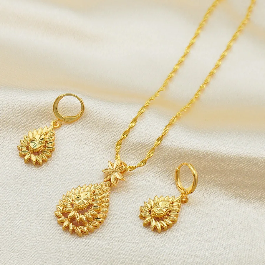 Luxury 18K Gold Plated Sunflower Jewelry Set | Vintage Teardrop Pendant Necklace & Drop Earrings | Dubai Style Bridal Wedding Je