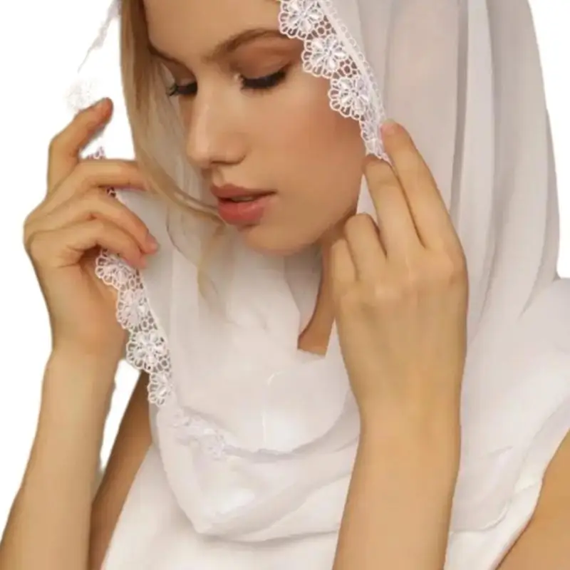 

M6CD Woman Church Lace Trim Veil with Floral Pattern Large Veil Sunproof for Summer