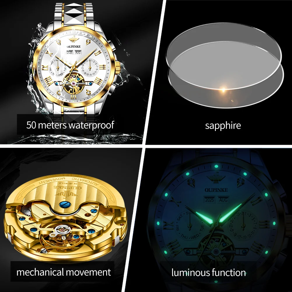 OUPINKE 3240 High-end Automatic Mens Watches 44mm Large Dial Tungsten Steel Skeleton Flywheel Luxury Business Original Man Watch