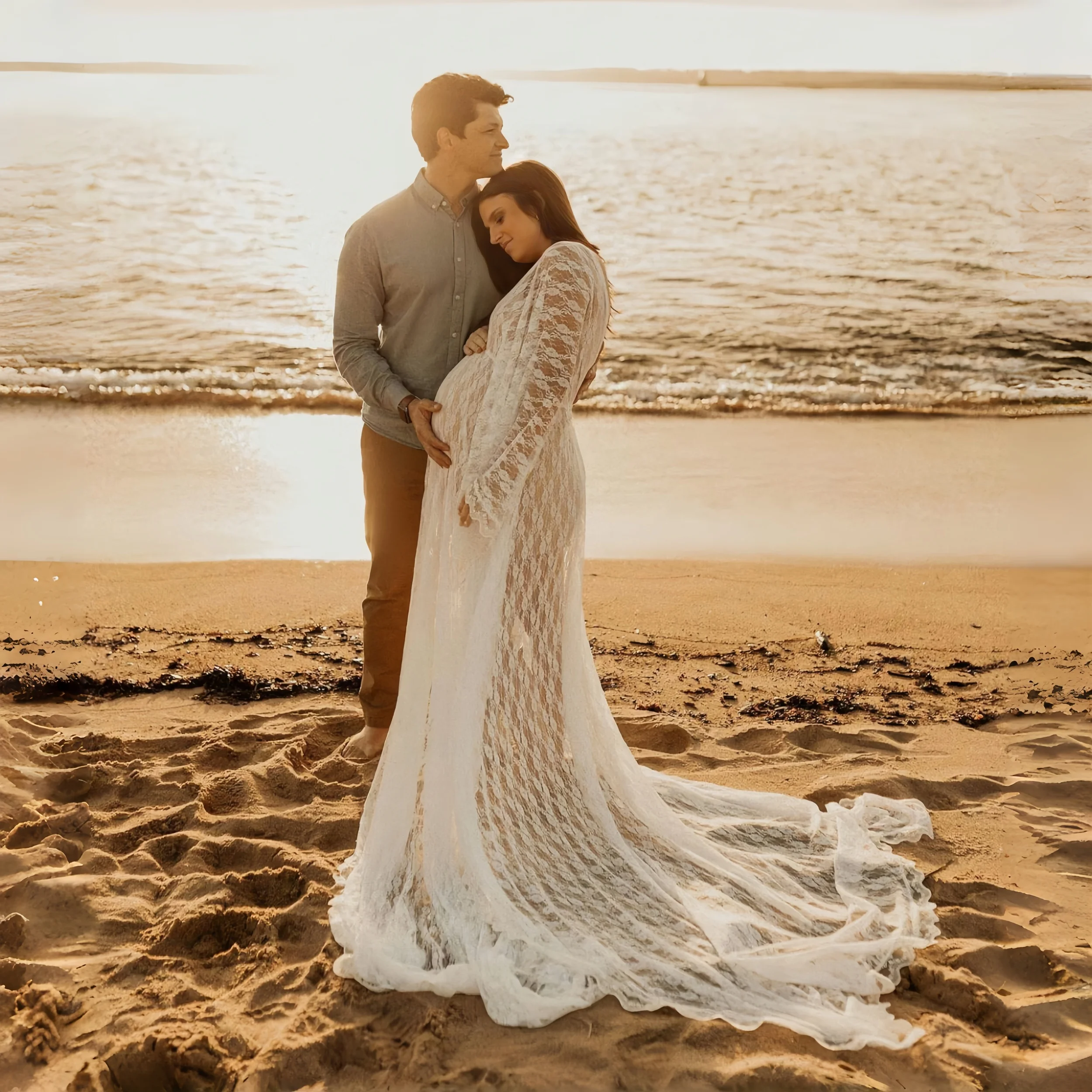 Boho Style Summer Maternity Long Train Dress See Through Lace Maternity Pregnancy Photo Shoot Maxi Dress Outfit