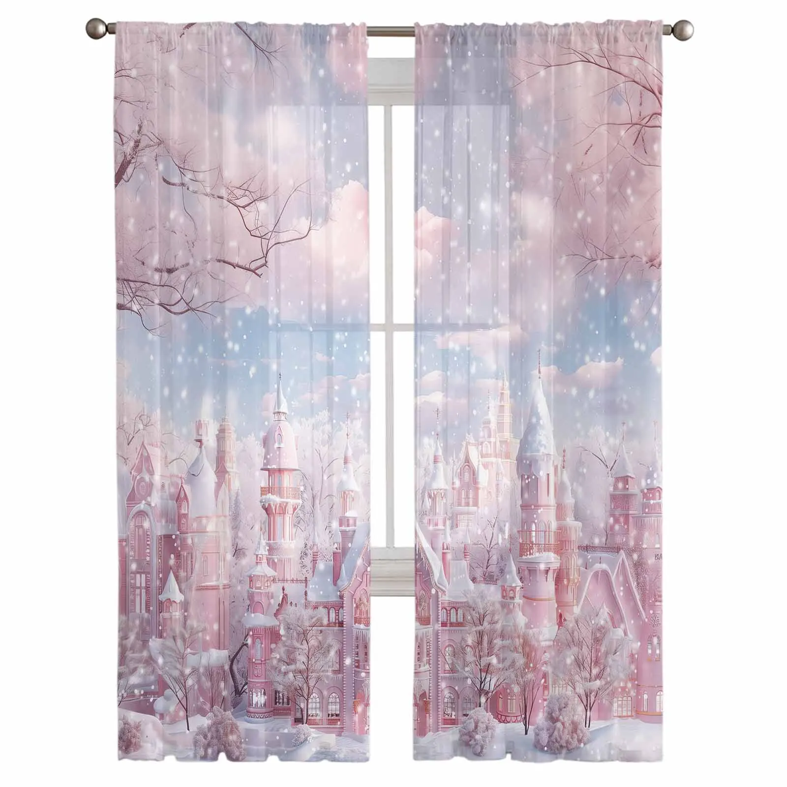 Christmas Snow Scene Pink Curtains Decorations For Home Window Tulle Curtains For Living Room Bedroom