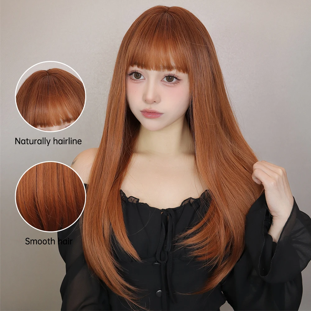 Lolita Brown Hairs Long Auburn Synthetic Hair with Bangs Copper Ginger Straight Wig Root Dark for Women Wig Heat Resistant Wigs