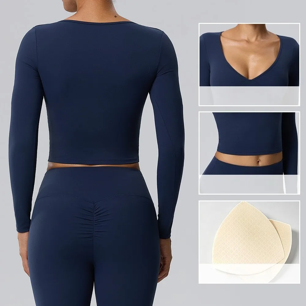 Women Double Brushed Yoga Long Sleeve Top V‑Neck Built‑in Bra Quick Dry Elastic Workout Fitness Sports Blouse
