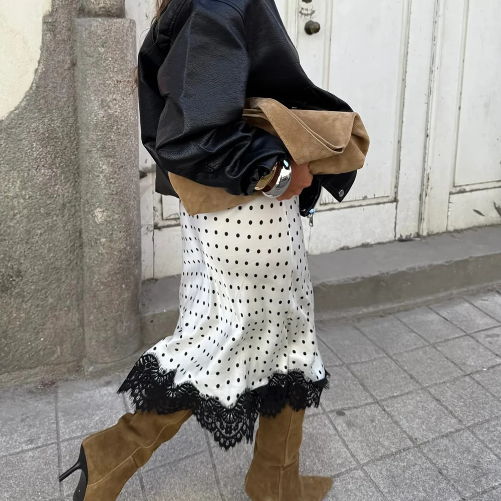 

Women Vintage Elegant Lace Satin Spliced Midi Skirts Sexy Dots Print High Waist Retro Casual Straight Midi Skirts Streetwear