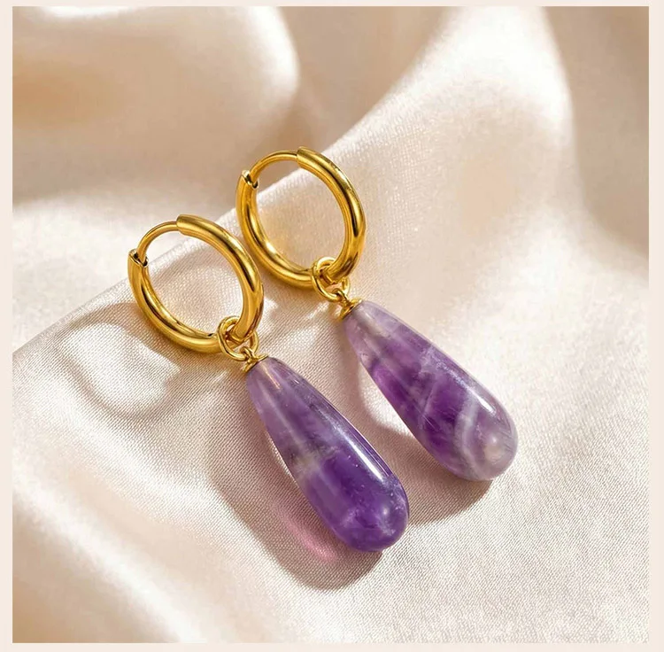 Natürliche Stein-Tropfenohrringe 18k Vergoldeter Edelstahl Tränenförmiger Amethyst Tigerauge Rosenquarz Schmuck Nickelfrei – Detail 5