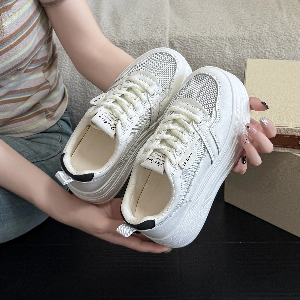 Zapatos deportivos casuales de otoño para mujer, con cordones, antideslizantes, suela gruesa, punta redonda, cómodos, con malla transpirable y plataforma.