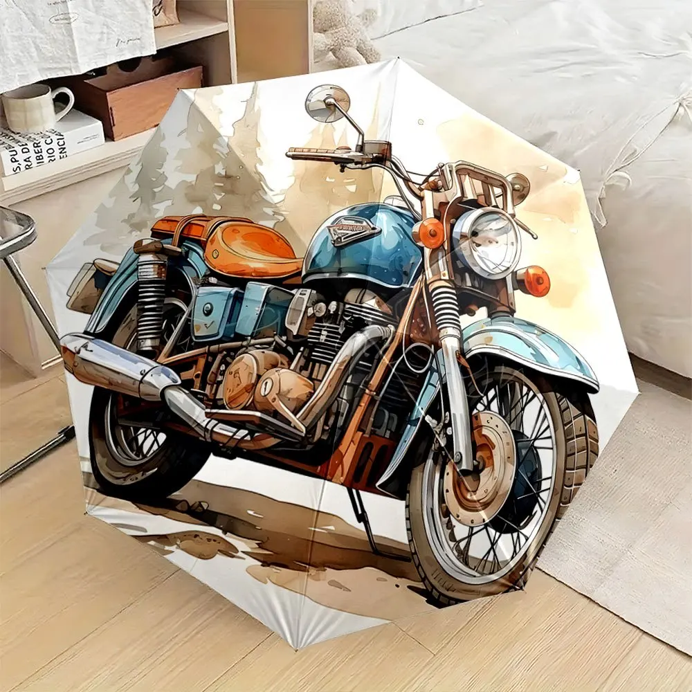 

Automatic Folding Umbrella with Blue & Orange Motorcycle Design - Portable Collapsible 8-Rib Durable Canopy, Stylish Outdoor A