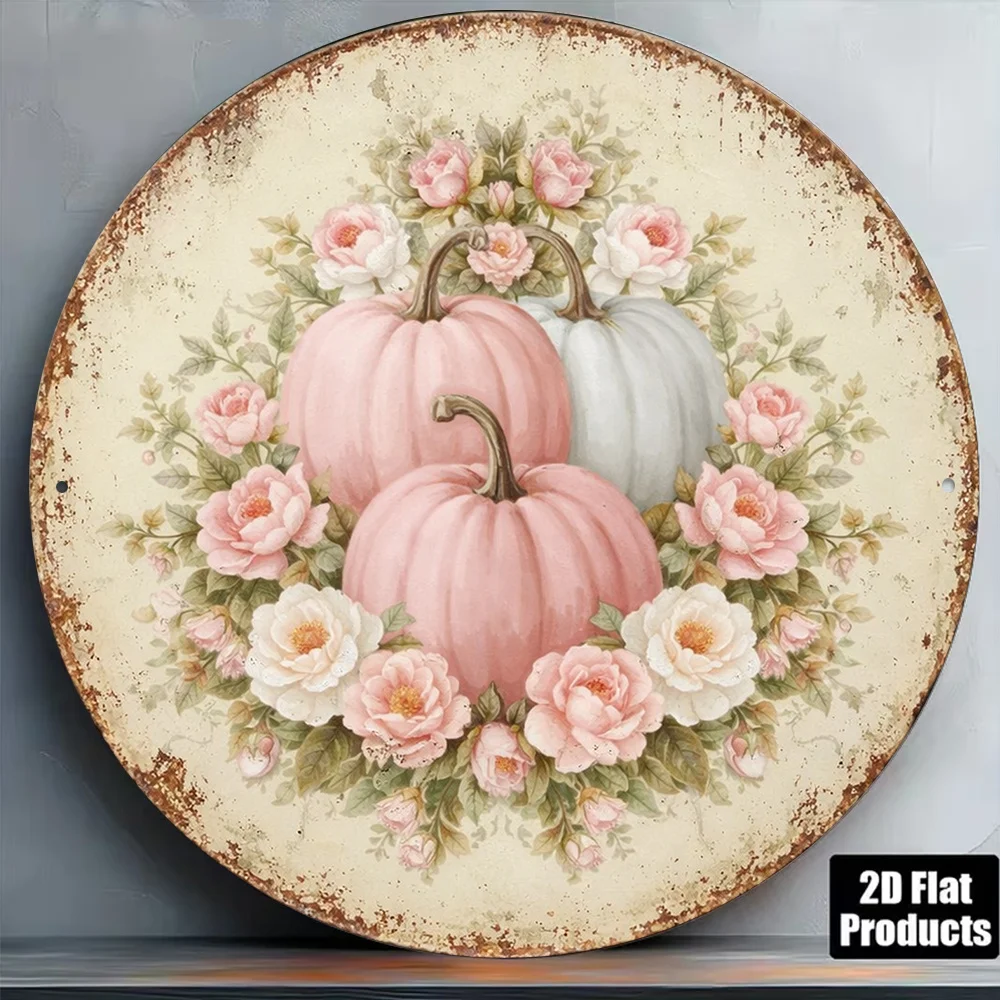 1pc 2D flat circular wooden sign, a vintage wooden plaque featuring pink pumpkins and roses.zyc
