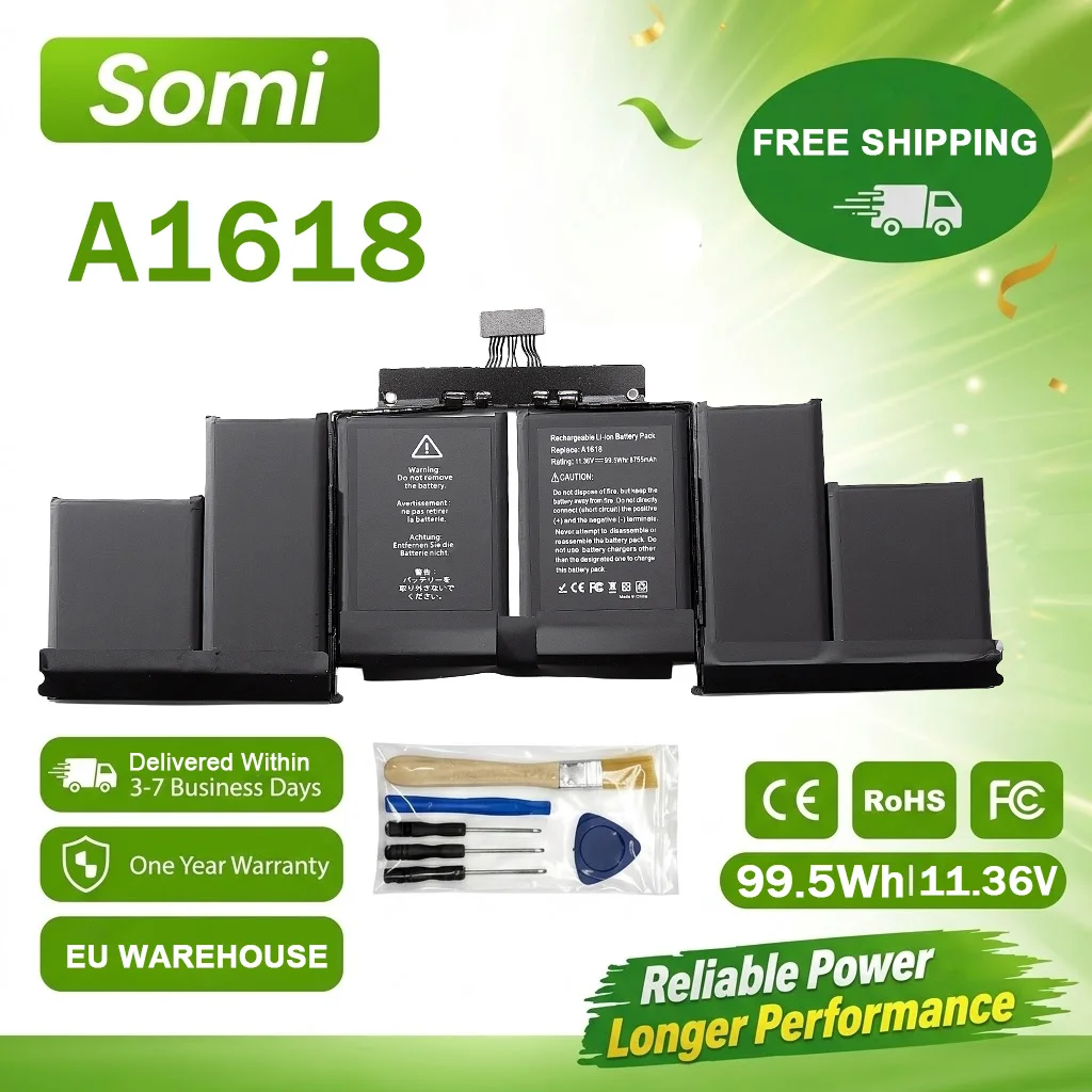 SOMI A1618 Akku für Apple MacBook Pro 15" Retina A1398, Modelljahr 2015, 020-00079, MJLQ2LL/A, MJLT2LL/A, inklusive Werkzeug, 11,36 V, 99,5 Wh.