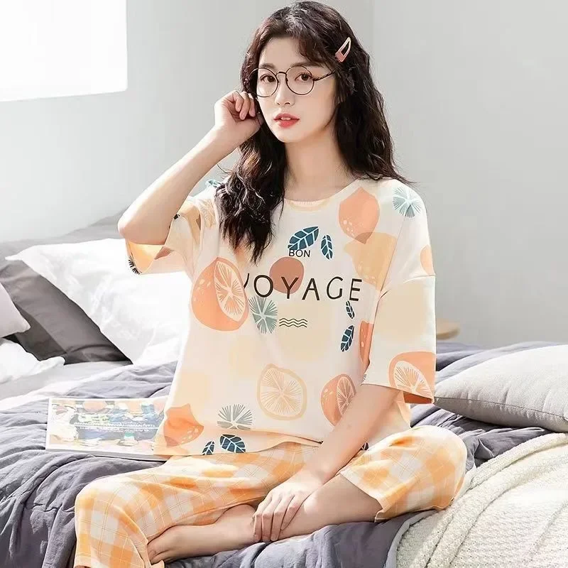 Summer Women Fashion Casual Loungewear Girls 2/pce Set Lightweight Korean-style Calf Length Pants Pajama Lady Fashion Sleewear