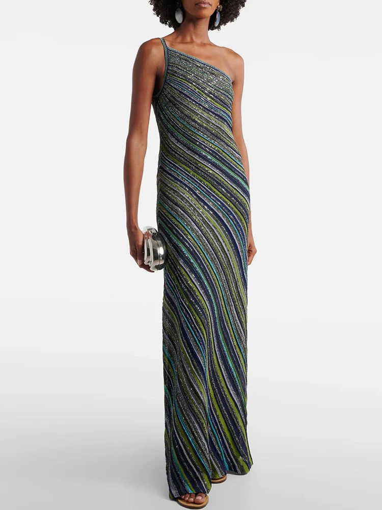 Summer Fashion Vintage Striped Silver Wire Knitting Floor-Length Dress Women's One-Shoulder Diagonal Collar High Waist Dresses